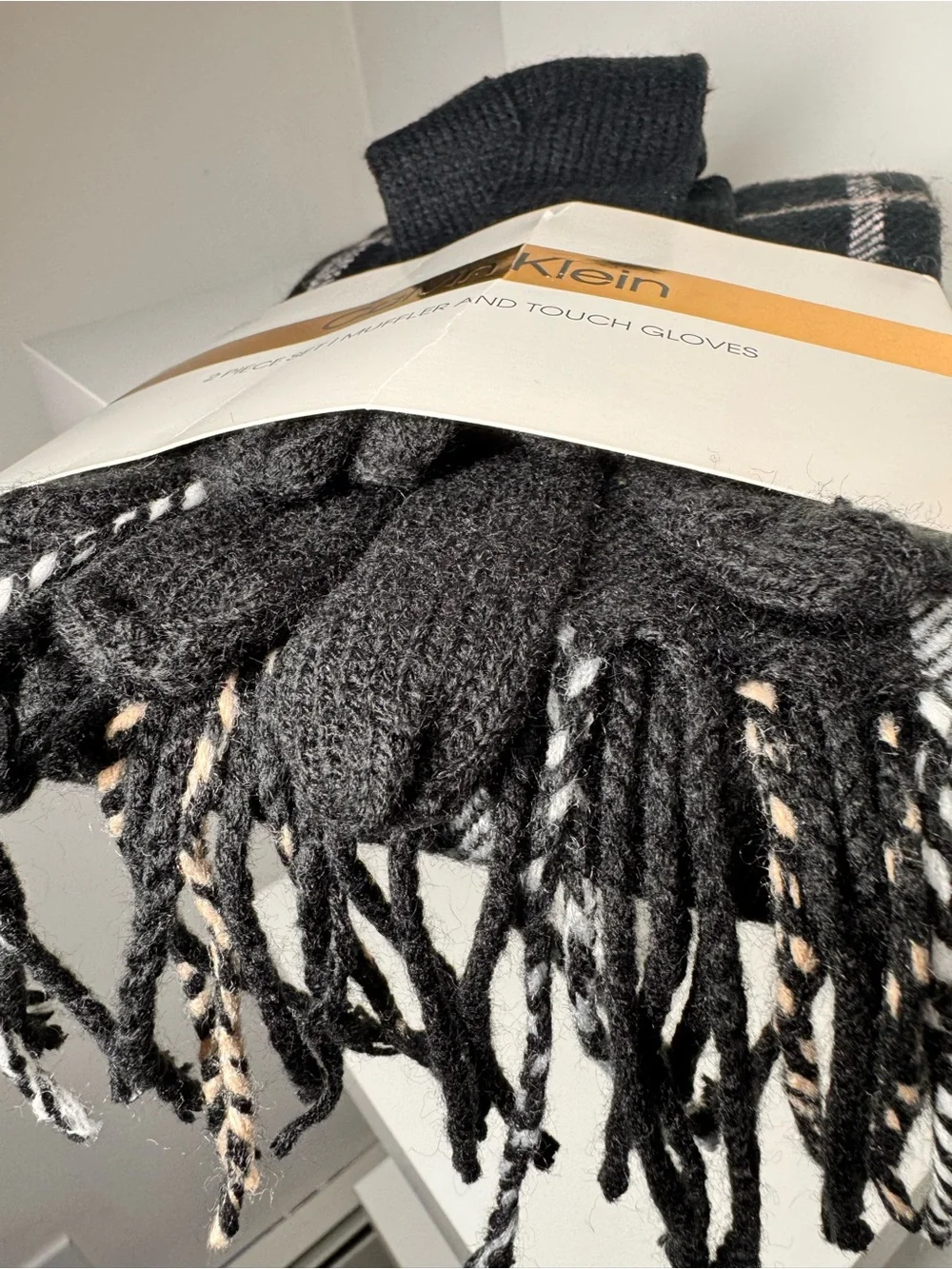 Calvin Klein Black Plaid Scarf and Touchscreen Gloves Set